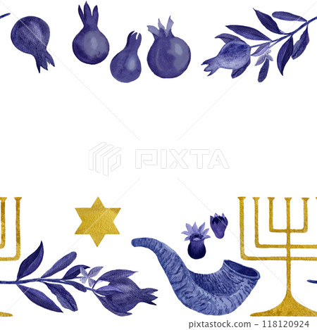 Rosh Hashanah, Hanukkah watercolor seamless banner. Menorah pomegranates, star shofar blue and gold art isolated on white. Festive dark blue and gold great for cards, posters. Jewish tradition clipart 118120924