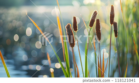 reeds and cattails on a bokeh background 118121041