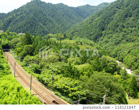 Train line surrounded by fresh greenery Train line surrounded by fresh greenery 118121847