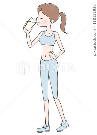 Drinking protein - Illustration of an exercising woman 118121936