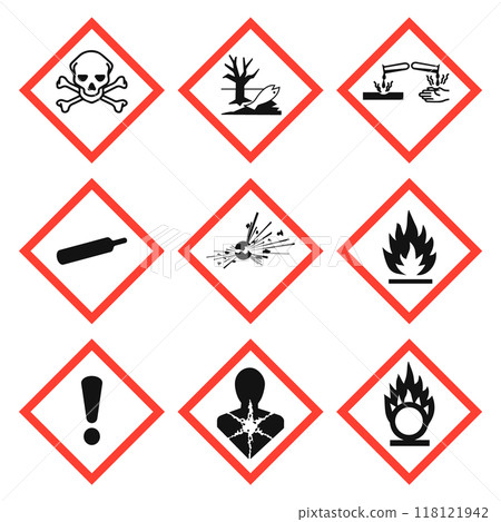 Packaging icon symbol set. Package logo sign collection. GHS pictograms.  Vector illustration. Isolated on white background. 118121942