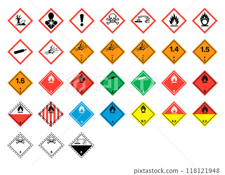 Packaging icon symbol set. Package logo sign collection. GHS pictograms.  Vector illustration. Isolated on white background. 118121948