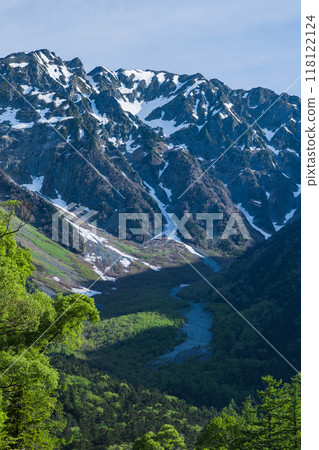 Kamikochi, a scenic mountain spot in Azumi, Matsumoto City, Nagano Prefecture, Japan. The Hotaka mountain range can be seen from Kappa Bridge over the Azusa River surrounded by fresh greenery. 118122124