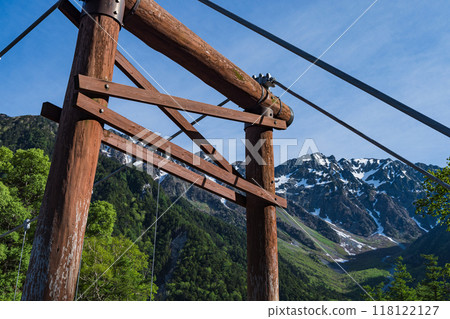 上高地是日本長野縣松本市安曇市的一個風景秀麗的山區,河童橋橫跨梓河,周圍環繞著新鮮的綠色植物,背景中可見穗高連。 上高地是日本長野縣松本市安曇市的一個風景秀麗的山區,河童橋橫跨梓河,周圍環繞著新鮮的綠色植物,背景中可見穗高連。 118122127