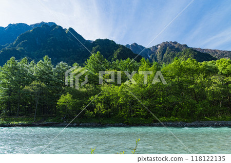 上高地是日本長野縣松本市安曇市的一個風景優美的山區，周圍環繞著新鮮的綠色植物和六百山。 118122135