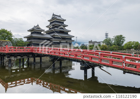 日本長野縣松本市的國寶松本城，橫跨巨大天守閣和內護城河的埋橋 118122190