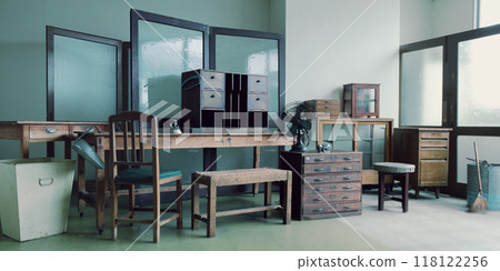 Retro Japanese Showa era furniture in an antique shop reminiscent of an old classroom 118122256