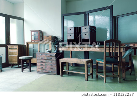 Retro Japanese Showa era furniture in an antique shop reminiscent of an old classroom Retro Japanese Showa era furniture in an antique shop reminiscent of an old classroom 118122257