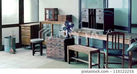 Retro Japanese Showa era furniture in an antique shop reminiscent of an old classroom 118122258