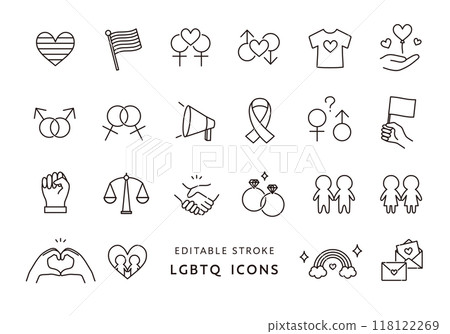 與 LGBTQ 相關的圖標集(單色) 與 LGBTQ 相關的圖標集(單色) 118122269