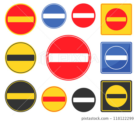 STOP no entry road sign icon shape set. Traffic Prohibition logo symbol. Vector illustration image. Isolated on white background. Not allowed direction sign. No trespassing. Do not enter. Grunge stamp 118122299