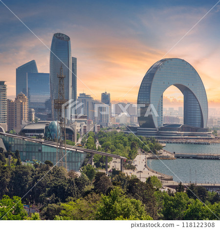 Azerbaijan: Baku Skyline Featuring Parachute Tower and Crescent Development Project at Sunset Azerbaijan: Baku Skyline Featuring Parachute Tower and Crescent Development Project at Sunset 118122308