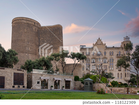 Exploring the Historic Maiden Tower Beside the Qiz Qalasi Hotel at Sunset in Baku, Azerbaijan Exploring the Historic Maiden Tower Beside the Qiz Qalasi Hotel at Sunset in Baku, Azerbaijan 118122309
