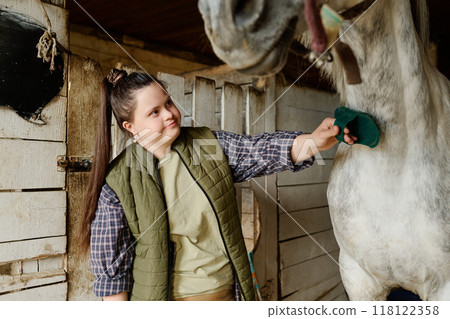 Grooming Horse in Stable by Smiling Young Woman 118122358
