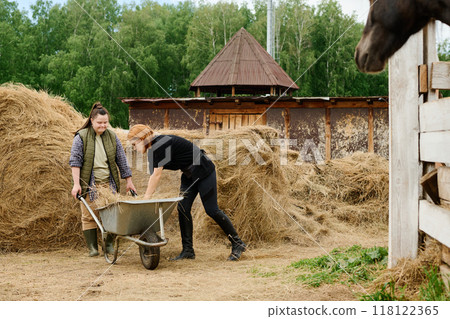 Assisting with Wheelbarrow on Farm with Haystacks 118122365
