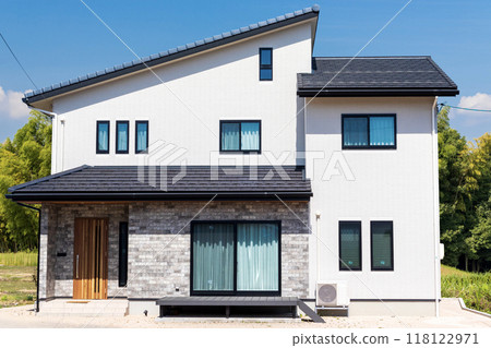 Sunny blue sky background and white house Sunny blue sky background and white house 118122971