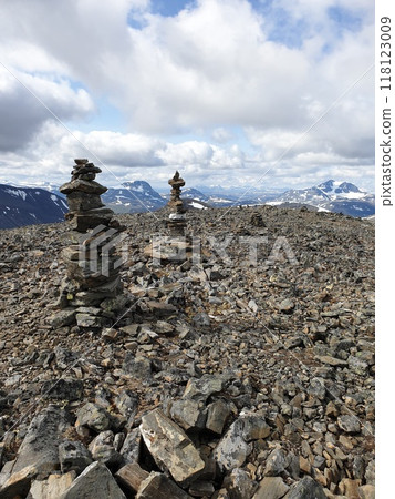 Top pile on Vierramvare, close to Kebnekaise, Sweden s highest mountain, in Lapland, Sweden. 118123009