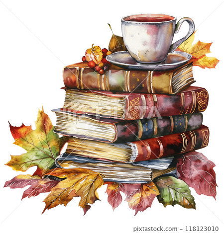 A stack of old spell books with autumn leaves and a cup of tea 118123010