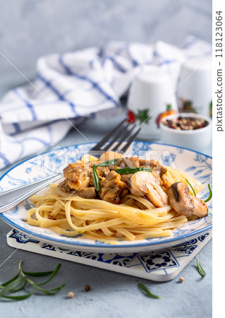 Pasta (linguini) with mushrooms. Pasta (linguini) with mushrooms. 118123064