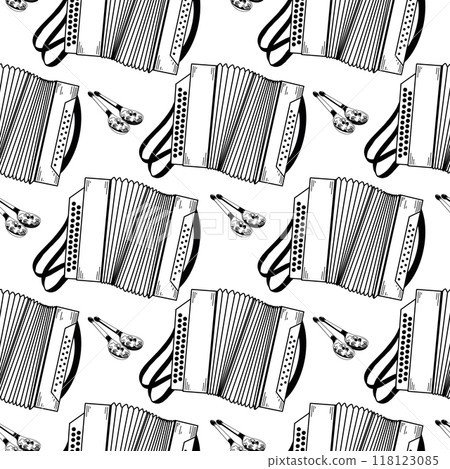 Folk musical instruments, accordion, accordion, wooden painted spoons, all objects are hand drawn in vector. Seamless vector pattern. Suitable for printing on fabric, paper, for poster design. Folk musical instruments, accordion, accordion, wooden painted spoons, all objects are hand drawn in vector. Seamless vector pattern. Suitable for printing on fabric, paper, for poster design. 118123085