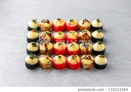 Hawaiian salmon poke bowl with avocado, Top view, gray background 118123264