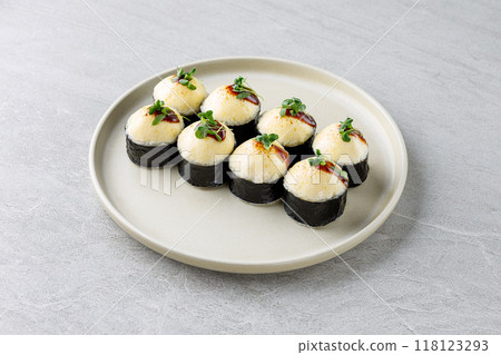 delicious fresh baked sushi roll with crab mayonnaise Philadelphia cheese. 118123293