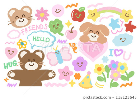 Teddy bear and friends including butterfly, puppy, apple, cherry, clover leaf, heart, flowers, star, rainbow for cartoon character, comic, mascot, animals, zoo, souvenir shop, happy emoji, cute patch 118123643