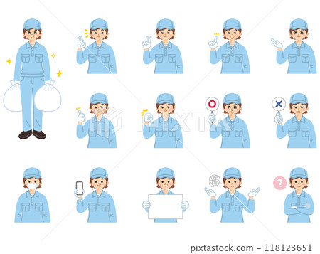 Female cleaner holding a garbage bag Facial expressions and gestures illustration set 118123651