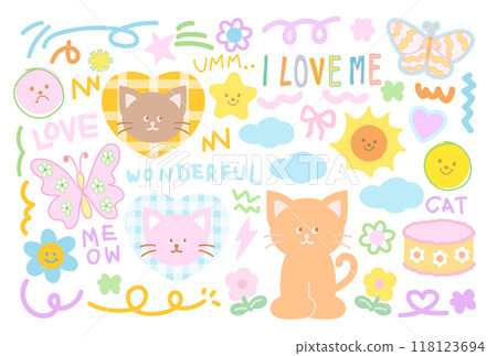 Pastel illustration of cat, butterfly, cake, pink ribbon, flowers, sun, star, doodles for animal, pet shop, vet, cute patches, shirt print, cartoon character, floral print, spring time, summer, picnic 118123694
