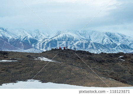 Tourists in the snow mountains. Mongolia travel. 118123871