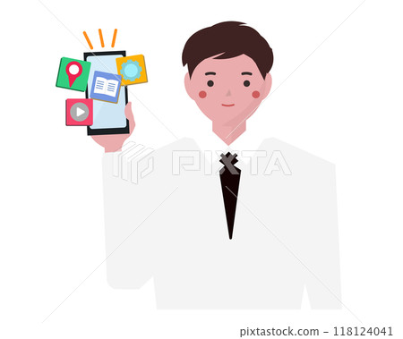 一名商人使用地圖應用程式指路。智慧型手機地圖導航。向量圖 118124041