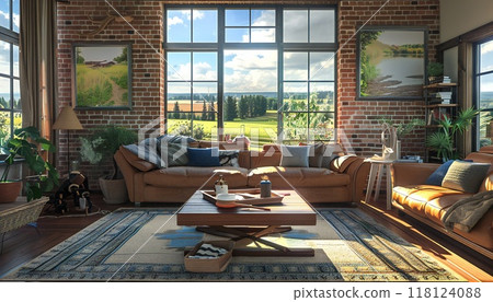 Interior design of a modern living room in a country home, styled as a farmhouse Interior design of a modern living room in a country home, styled as a farmhouse 118124088