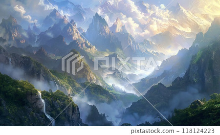 The landscape of majestic mountain peaks creates a feeling of grandeur and peace 118124223