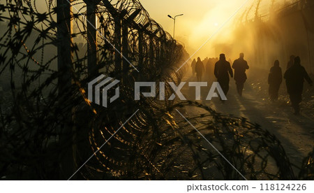 A high barbed wire fence, a grim emblem of the consequences of conflict 118124226