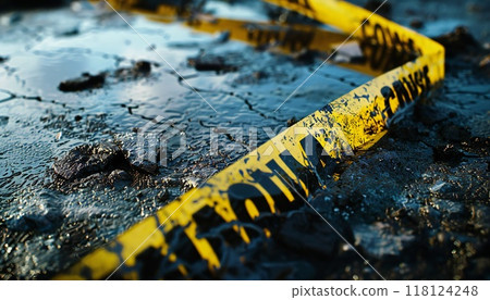 Image of a yellow warning tape indicating environmental pollution 118124248