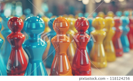 A vibrant display of colorful wooden tin soldiers that express uniqueness and creativity 118124256