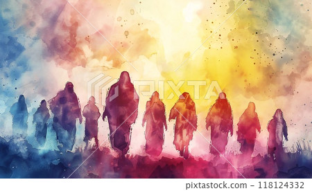 The image of the figures of Jesus and his followers is depicted in a digital watercolor painting 118124332