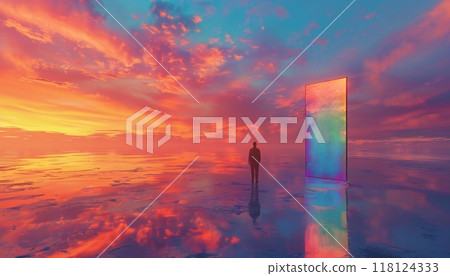 A person plunges into thoughts in front of a shining door, which is alone in a serene water landscape A person plunges into thoughts in front of a shining door, which is alone in a serene water landscape 118124333