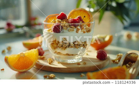 Healthy breakfast with fruit and yogurt 118124336