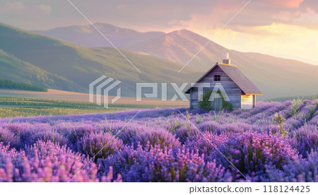 Quirky house located in a lavender field, picturesque spring landscape 118124425