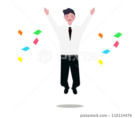 一位商人跳了起來,高興極了。一家公司充滿了五彩紙屑,臉上洋溢著幸福的微笑。向量圖 一位商人跳了起來,高興極了。一家公司充滿了五彩紙屑,臉上洋溢著幸福的微笑。向量圖 118124476