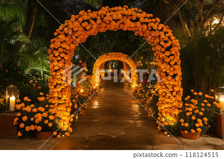 Vibrant tunnel adorned with marigold flowers. Festive or ceremonial event 118124515