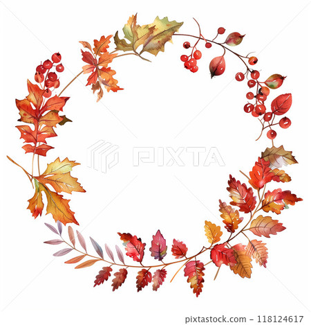Autumn, fallen leaves, autumn leaves, wreath watercolor illustrations Generative AI 118124617
