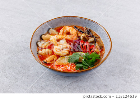 Varieties of soup bowls assorted. Many flavors of soups collection set. mushroom soup, chicken soup, pumpkin soup, shrimp, beef, vegetable, crab. set of various bowls of soups isolated. 118124639