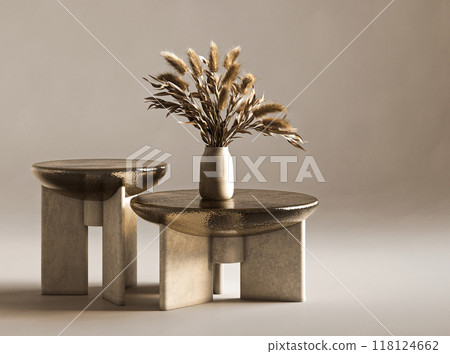 Stylish and minimalist table featuring a beautiful vase with dried flowers on top, 3d rendering 118124662