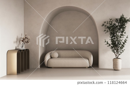 Modern minimalist living room with a stylish curved sofa and curated ambient decor, 3d rendering 118124664