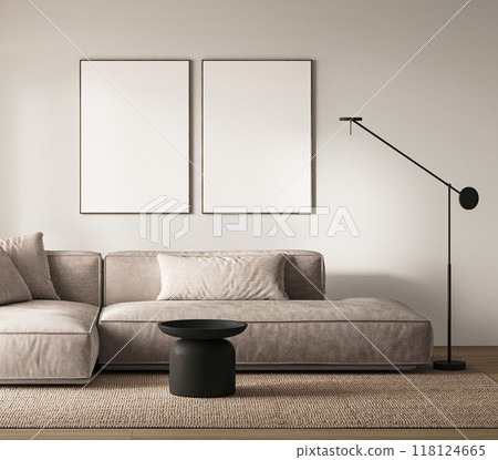 Modern minimalist living room featuring neutral tones complemented by elegant decor and design, 3d rendering Modern minimalist living room featuring neutral tones complemented by elegant decor and design, 3d rendering 118124665