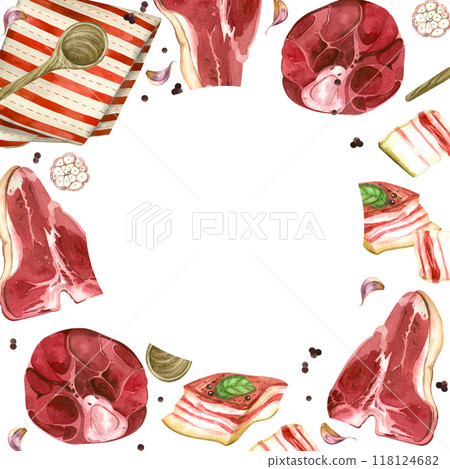 Meat, meat products, pork, beef, lard and bacon, steaks, striped towel, spoon, pepper and garlic. All objects are hand-drawn with watercolor. Round frame for food packaging design, menu. 118124682