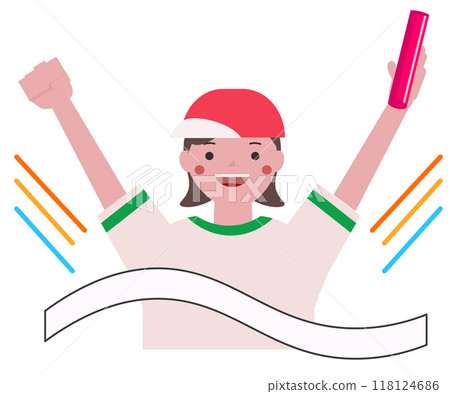 一名小學生在運動會的接力賽中衝過終點線。向量圖 118124686
