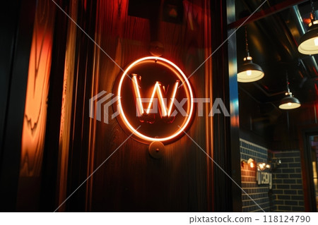 A vibrant neon W sign casts a warm orange glow in a trendy bar, creating an inviting atmosphere. The sleek interior features industrial details and soft lighting, perfect for a cozy evening out. 118124790